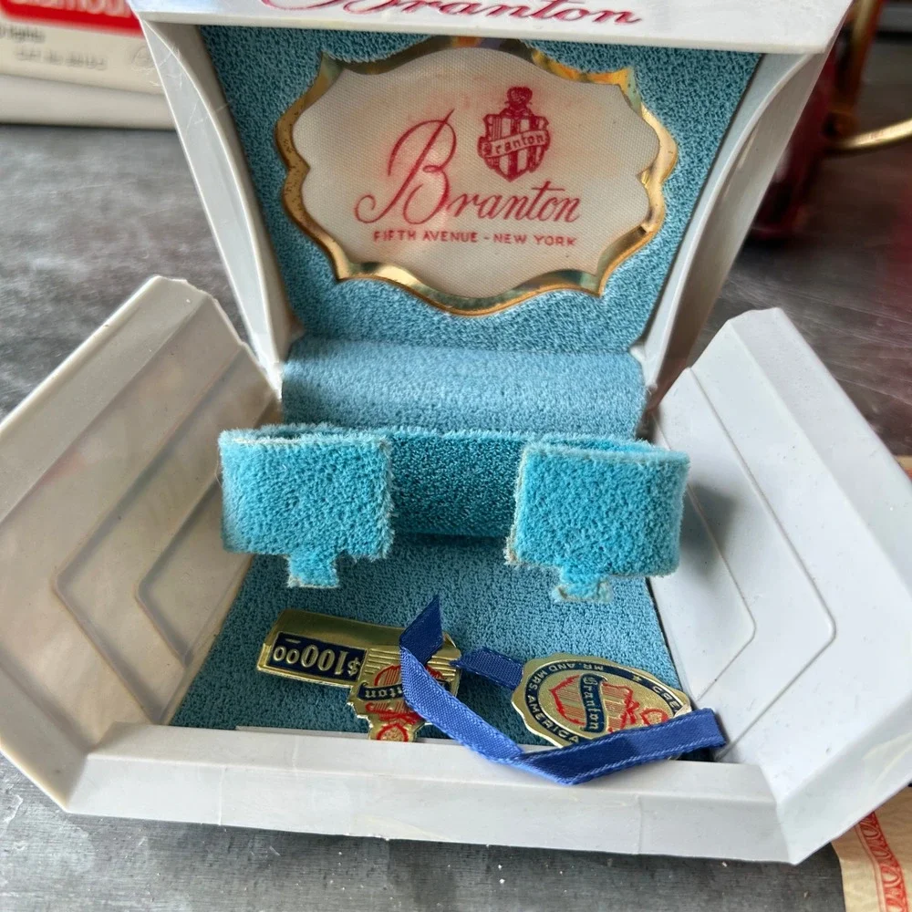 Vtg 1950s Branton Watch Box Case Set Paperwork Hangtags Blue Velvet Mid Century
